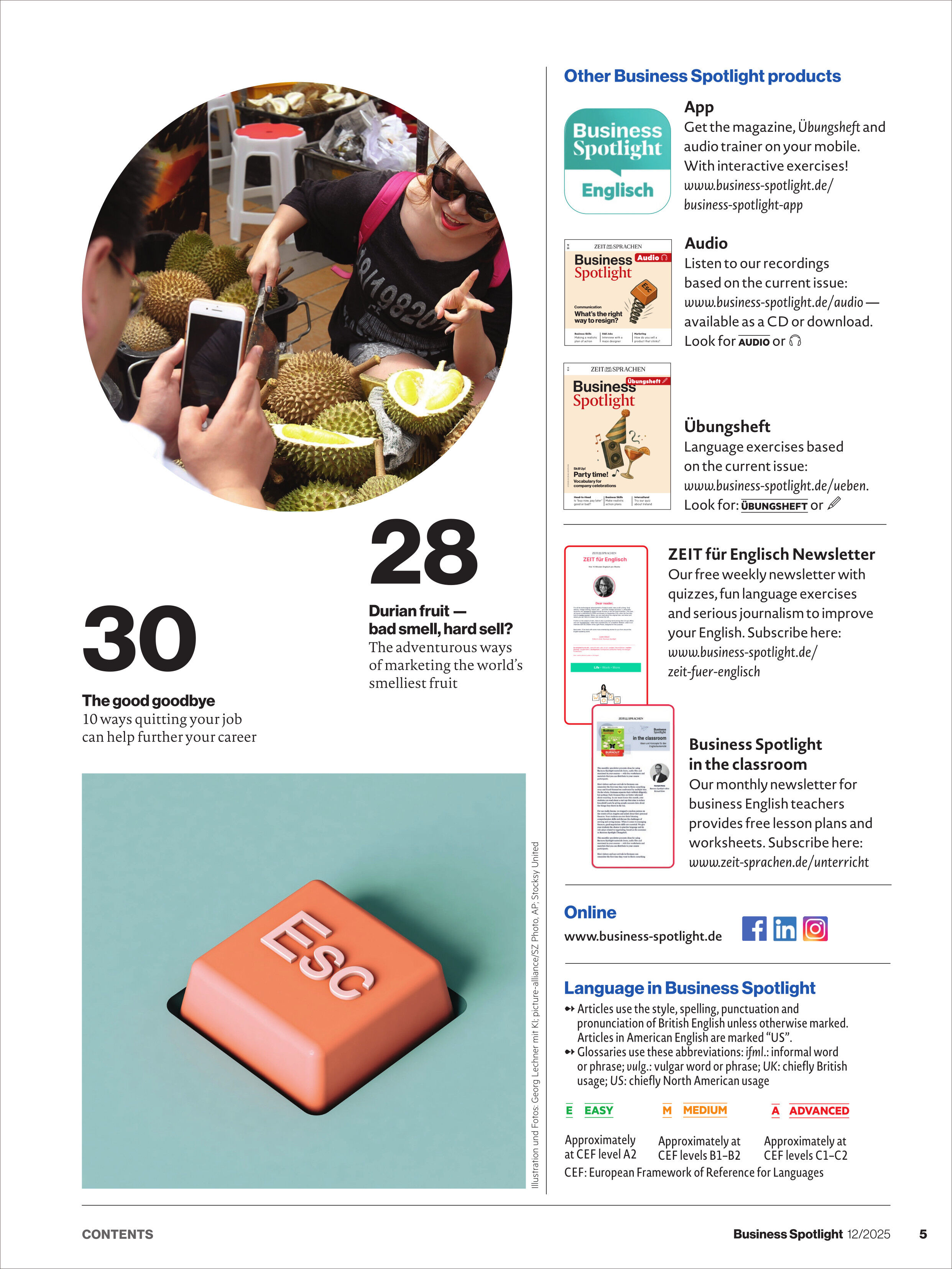 Magazinseite mit Foto eines Marktstands, an dem Personen Durianfrüchte fotografieren, orangefarbener Escape-Taste als Symbolbild, Infotexte und Produktempfehlungen anderer Business-Spotlight-Ausgaben. Klare, helle Gestaltung, moderne Bildsprache.