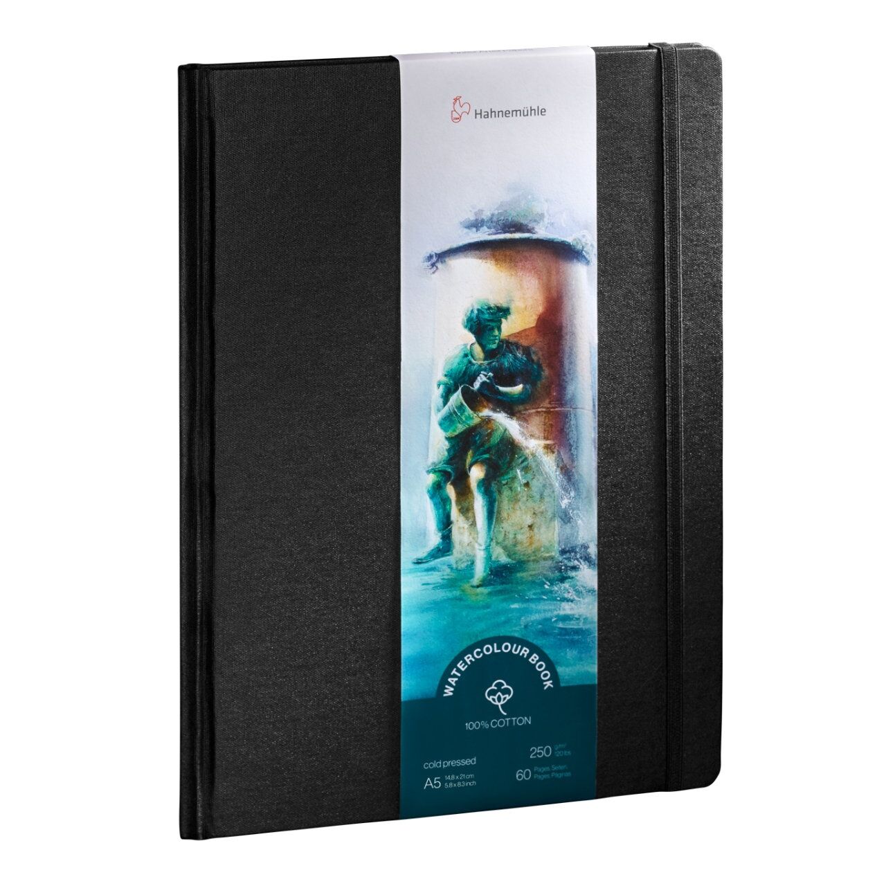 Geschlossenes Aquarellbuch im A5-Format mit schwarzem Einband, elastischem Verschluss und einer Banderole mit farbenfroher Wasserfarbenillustration auf der Vorderseite. Das Produkt eignet sich ideal für Aquarellmalerei oder Skizzen unterwegs.