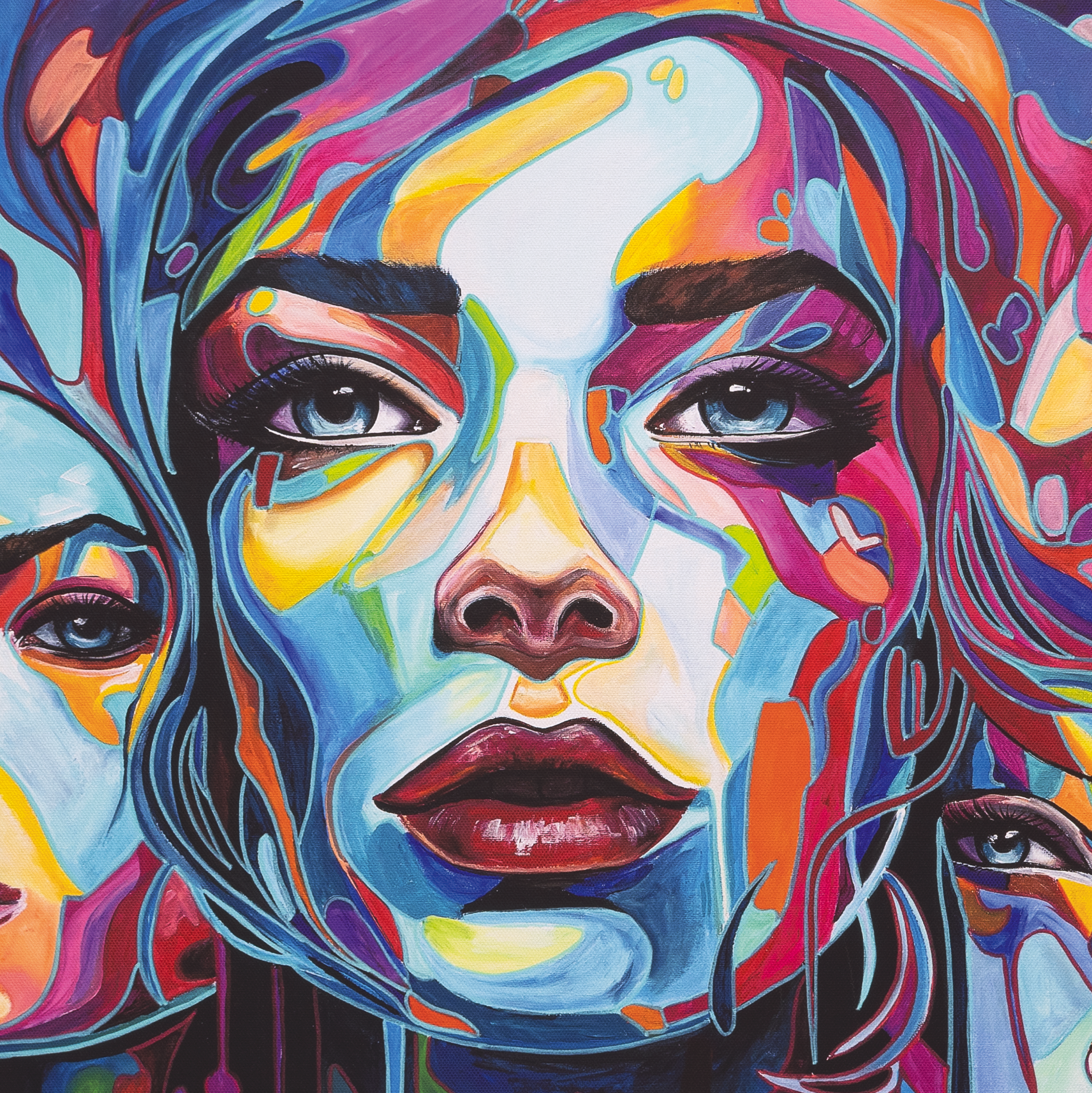 Quadratisches, gerahmtes Kunstwerk von Sabrina Seck mit dem Titel „Hydra XIX“. Abstrahierte Komposition auf Leinen, mit organischen Formen und kalligrafischen Linien in Blau-, Türkis- und Beigetönen, akzentuiert von goldenen und schwarzen Elementen, hochwertig im Massivholzrahmen, nummeriert und signiert.