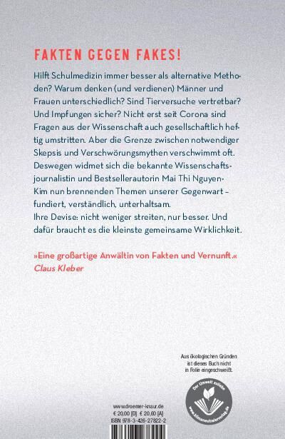 Rückseite des Buches 'Die kleinste gemeinsame Wirklichkeit' von Mai Thi Nguyen-Kim mit einer roten Überschrift 'Fakten gegen Fakes!' und einem Zitat von Claus Kleber unten in Rot. Das Buch betont die Bedeutung von Fakten und wissenschaftlicher Aufklärung in Zeiten von Verschwörungstheorien und Falschinformationen.