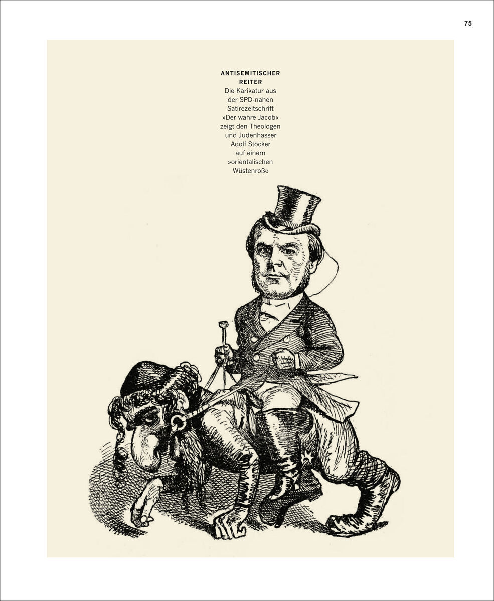 Illustration einer Karikatur aus der Zeitschrift ZEIT GESCHICHTE 6/21 über jüdisches Leben in Deutschland. Ein Mann mit Zylinder und Frack reitet auf einem gebeugten Mann in traditioneller Kleidung mit einladender Handhaltung. Text über der Abbildung mit dem Titel 'ANTISEMITISCHER REITER'. Der Hintergrund ist beigefarben.