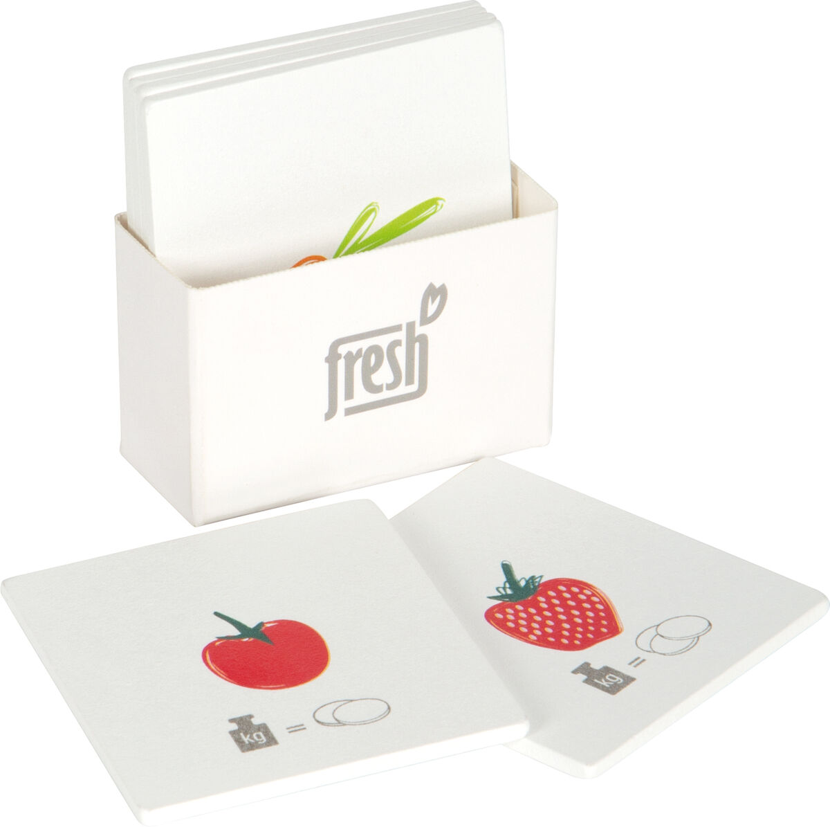 Bild zeigt die Produktverpackung der Waage »Fresh« mit eingesteckten Karten, die Gemüse und Obst zusammen mit entsprechenden Gewichten zeigen.