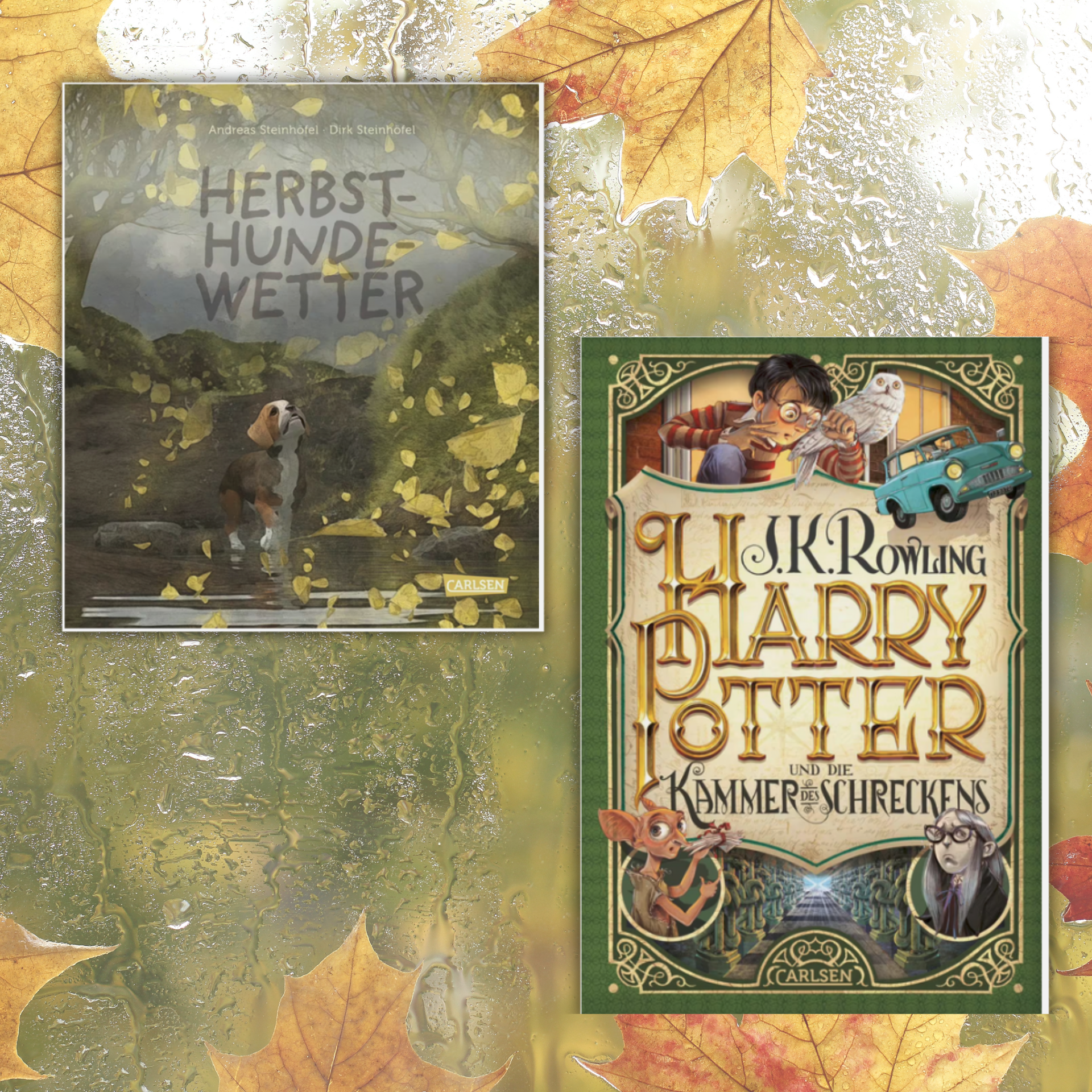 Link zur Kategorie „Kinderbücher für regnerische Herbsttage“: Zwei illustrierte Kinderbuch-Cover auf einem herbstlichen Hintergrund mit bunten Blättern und Regentropfen. Links ist das Cover von 'Herbsthundewetter' mit einem Hund und gelben Blättern zu sehen. Rechts das Cover von 'Harry Potter und die Kammer des Schreckens' mit detailreicher Illustration, Schrift und Figuren.