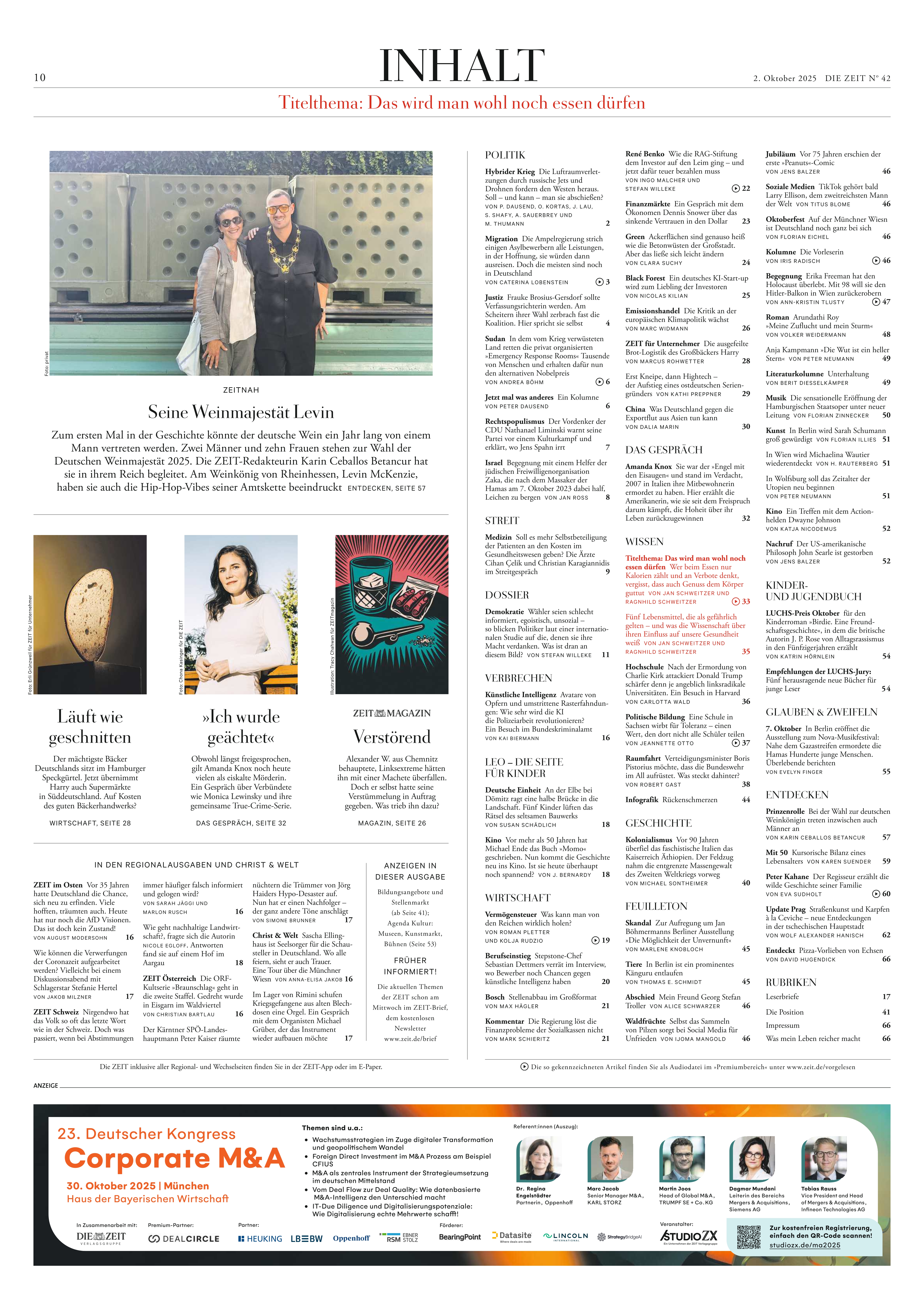 Titelseite der Wochenzeitung DIE ZEIT, Ausgabe 42/2025, mit strukturiertem Inhaltsverzeichnis, Überschriften und Bildern zu aktuellen Artikeln aus Politik, Gesellschaft und Kultur. Die Farben sind überwiegend weiß, schwarz und beige, mit roten und grauen Akzenten.