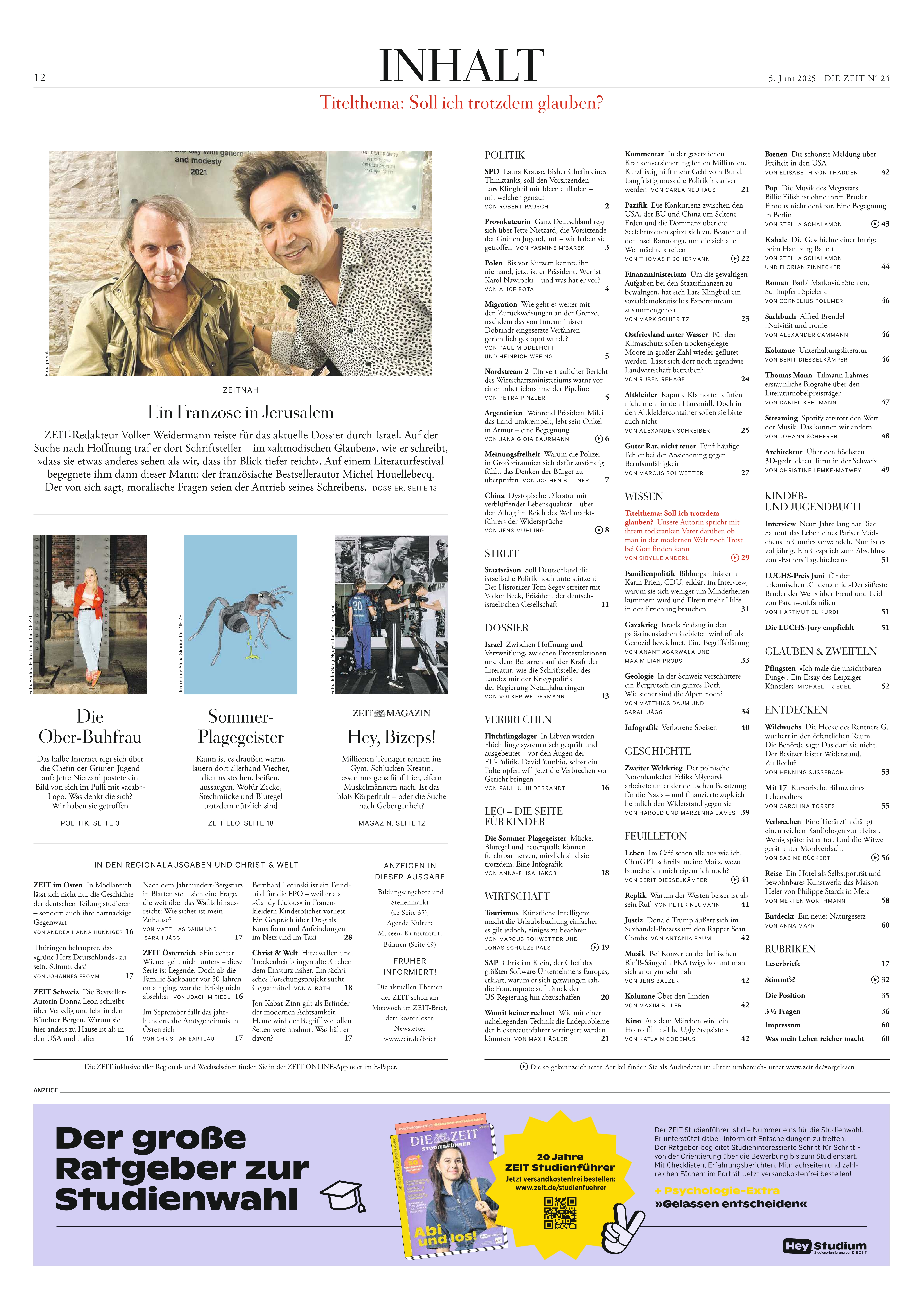 Abbildung einer Doppelseite aus der Wochenzeitung DIE ZEIT, Ausgabe 24/2025, mit Inhaltsverzeichnis, mehreren Artikeln, Fotos von Autoren und Themenrubriken, gestaltet in einer klaren, aufgeräumten Layoutstruktur mit Textblöcken und Farbakzenten.