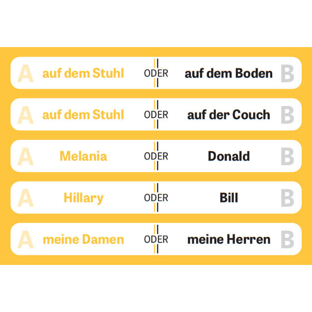 Das Bild zeigt fünf Karten aus dem Kartenspiel »Alles gesagt?« 2. Jede Karte hat zwei Optionen, die durch ein 'ODER' getrennt sind. Die Karten sind in den Farben Gelb, Weiß und Schwarz gestaltet.
