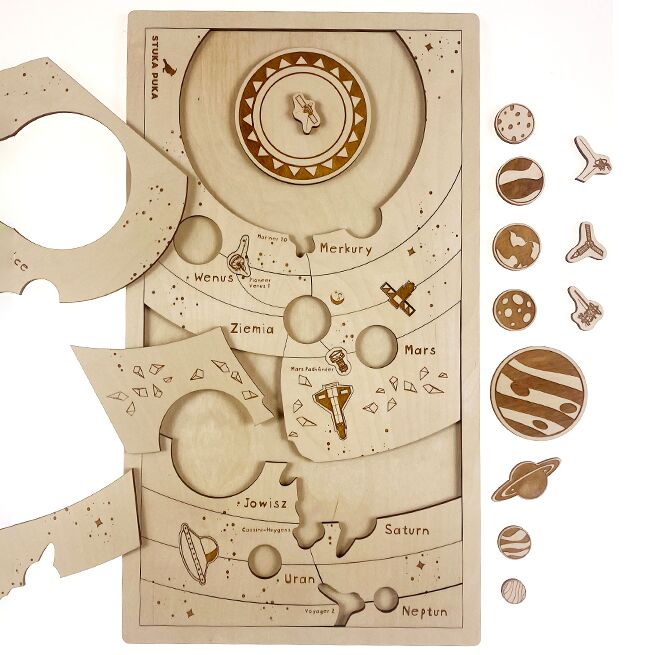 Ein detailliertes Holzpuzzle von Stuka Puka zeigt das Sonnensystem mit herausnehmbaren Plättchen der Planeten und passendem Rahmen. Gravierte Illustrationen und deutsche Beschriftungen schmücken das Puzzle. Die Naturholzstruktur in hellen Braun- und Beigetönen dominiert das Bild.