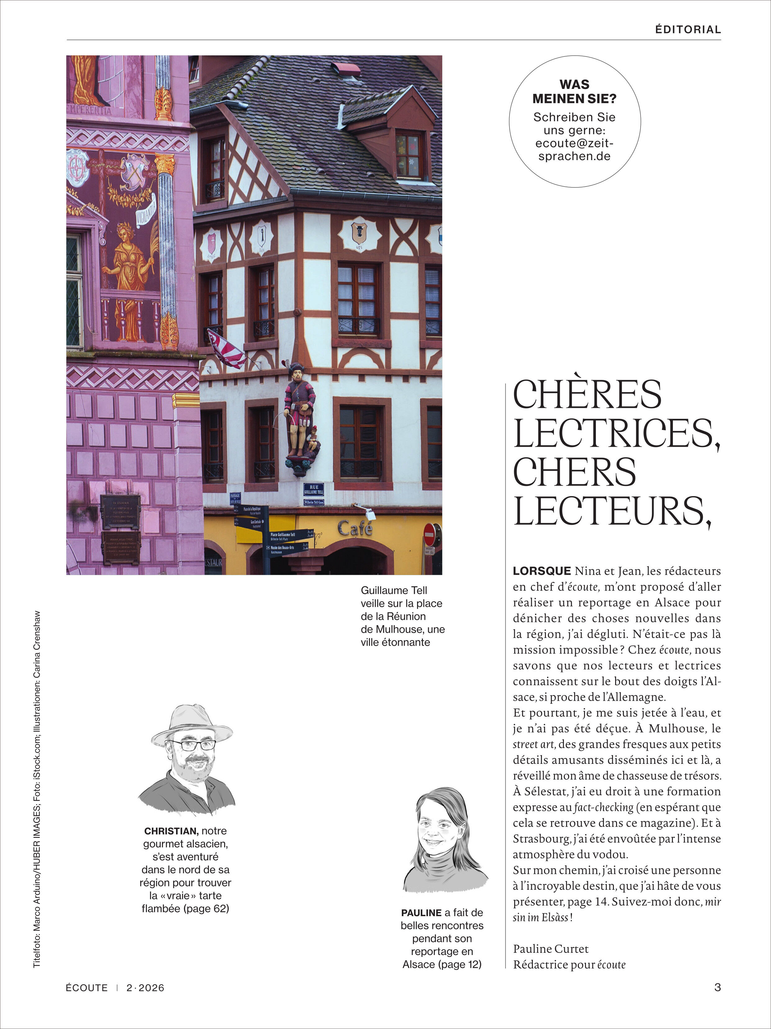 Das Magazin zeigt auf der Seite ein farbenfrohes, detailreiches Bild von Fachwerkhäusern und bemalten Fassaden aus Frankreich. Dazu Editorial-Text mit Überschrift, zwei illustrierten Porträts und Kontaktinformationen der Redaktion. Gestaltung wirkt modern und einladend.