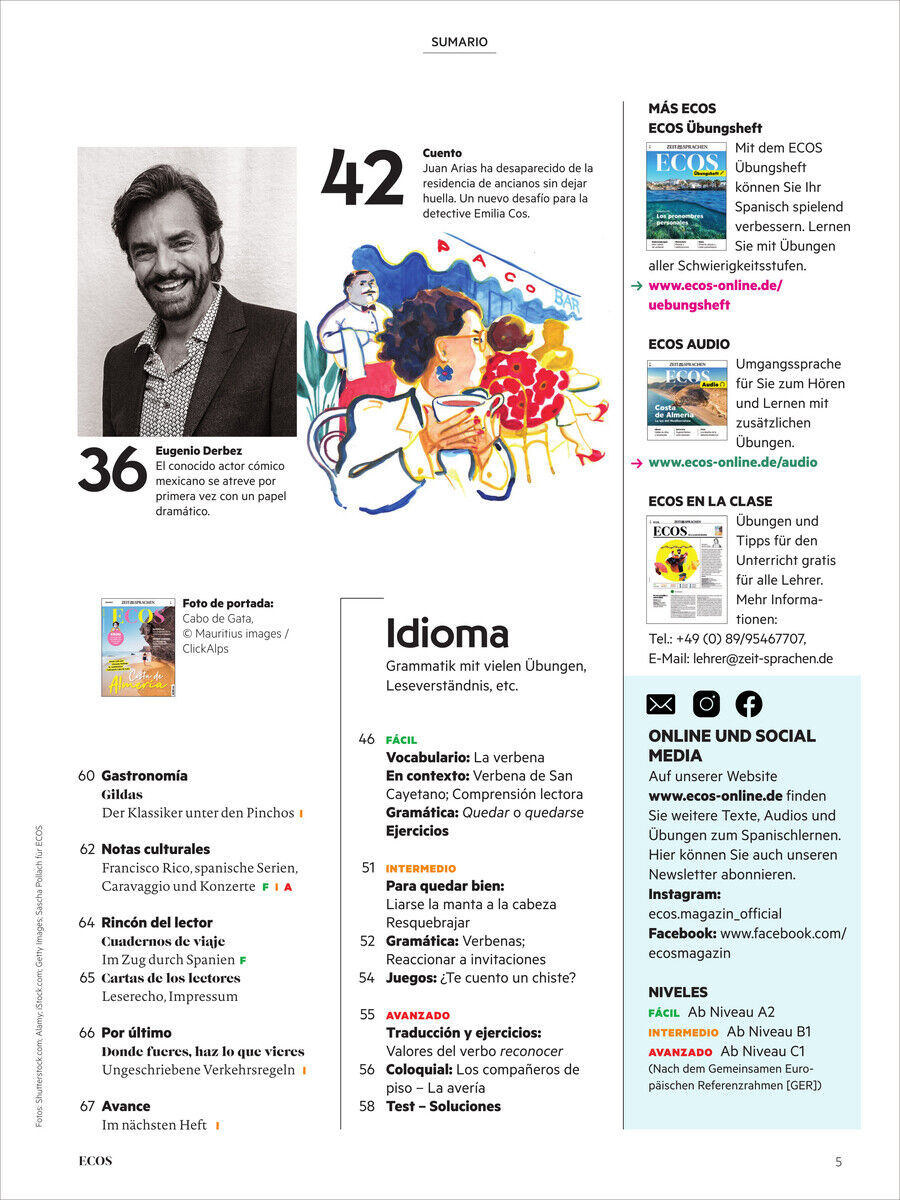 Die Titelseite des Ecos Magazins 09/2024 zeigt verschiedene Inhalte und Artikel in spanischer Sprache. Das Layout umfasst Bilder, Text, und Farbakzente in Weiß, Schwarz, Blau und Rot. Oben links befindet sich ein Porträt eines Mannes.
