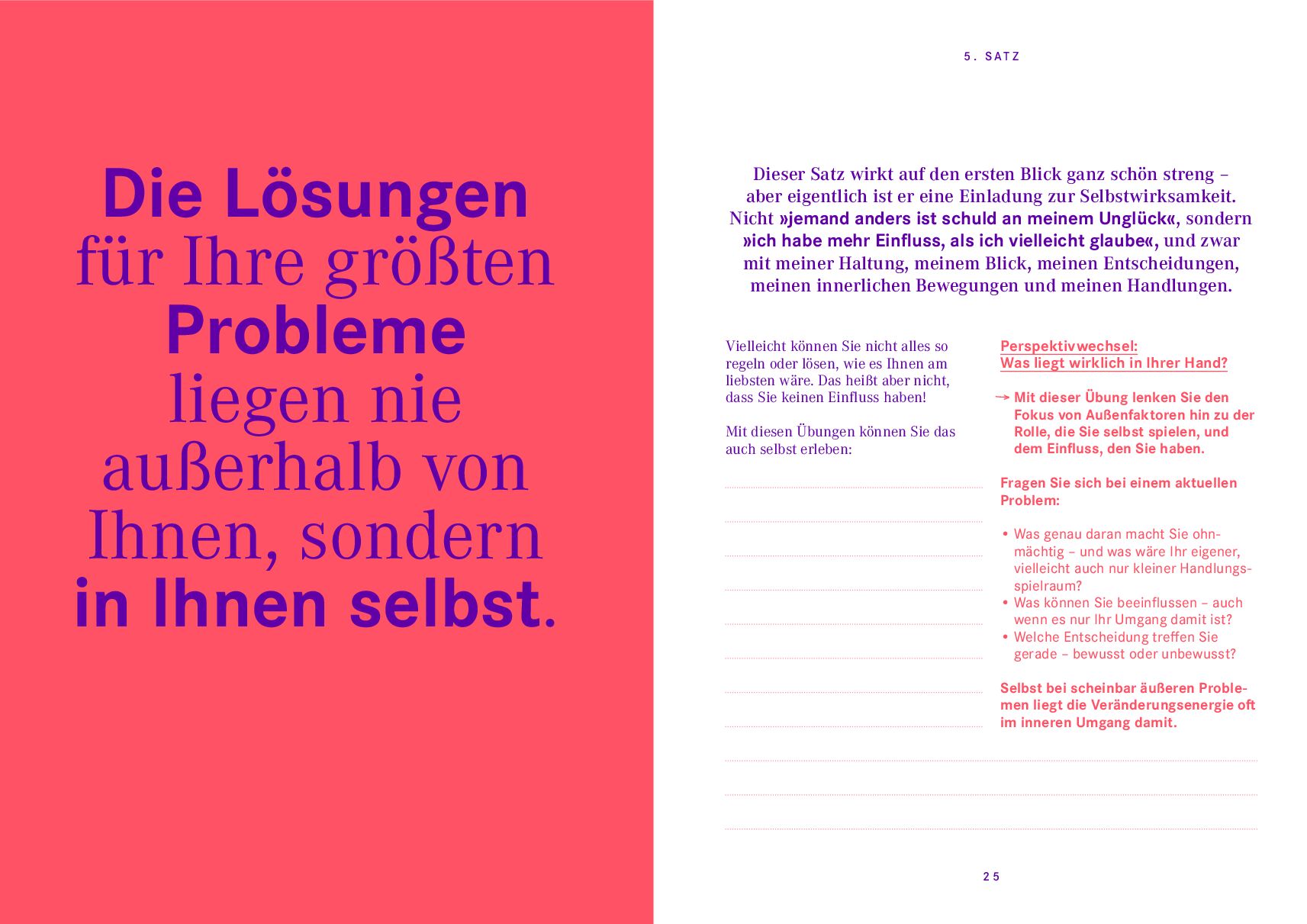 Das Bild zeigt eine offene Seite des Buches »In der Komfortzone wächst nichts.« auf Deutsch. Links ist ein inspirierendes Zitat in auffälligen pinken und blauen Buchstaben zu sehen, rechts ist eine Buchseite mit Text, Fragen und leeren Linien zur Selbstreflexion abgebildet. Die Farbgestaltung ist modern und kontrastreich mit pinken, blauen und weißen Elementen.