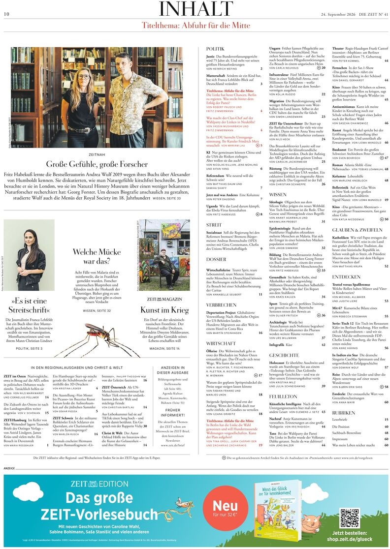Detailreiche Inhaltsseite der Zeitung DIE ZEIT 41/2026 mit mehreren Artikeln, Fotos prominenter Personen und Illustrationen. Die rechte Spalte listet Rubriken und Seitenzahlen. Unten befindet sich eine farbige Anzeige für das ZEIT-Vorlesebuch mit Illustrationen und Buchabbildung.