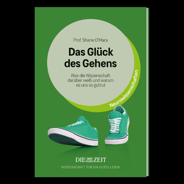 Buchcover der ZEIT-Edition »Wissenschaft für ein gutes Leben« zeigt ein Sachbuch mit grünem Hintergrund, weißen und grünen Sneakern sowie gelber Textbox. Das Buch vermittelt Wissen über die positiven Effekte des Gehens und richtet sich an an Wissenschaft Interessierte.