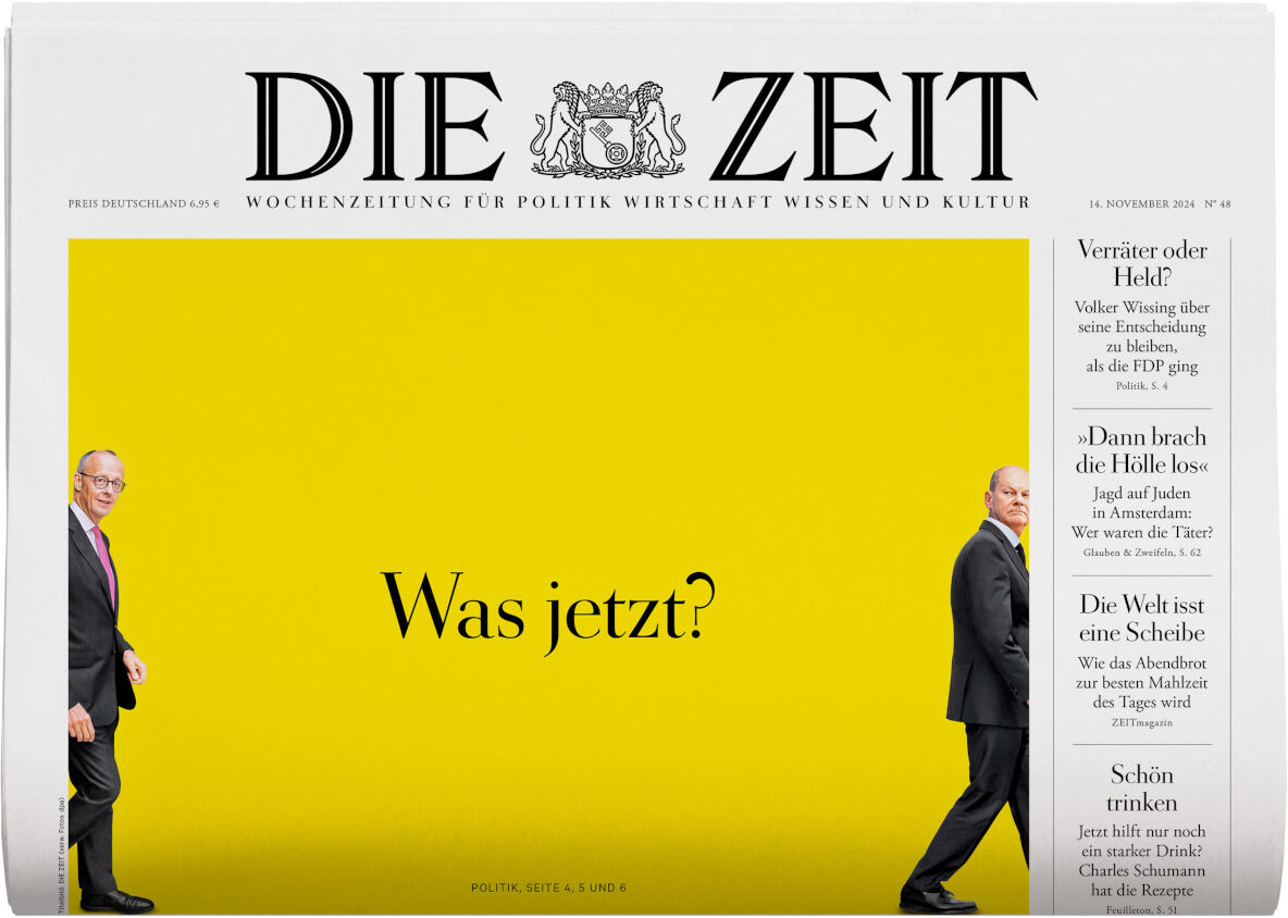 Titelseite der Zeitung 'DIE ZEIT' mit gelbem Hintergrund und der Frage 'Was jetzt?' sowie zwei abgebildeten Personen am Rand.