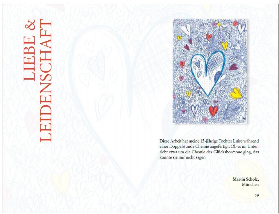 Das Bild zeigt eine Seite aus dem Buch »Was mein Leben reicher macht« Band 2. Auf der linken Seite steht der Text 'Liebe & Leidenschaft' in roter Schrift. Auf der rechten Seite ist eine farbenfrohe Illustration eines Herzens umgeben von weiteren symbolischen Zeichnungen von Herzen und anderen Mustern. Darunter befindet sich ein Zitat und der Name des Künstlers.