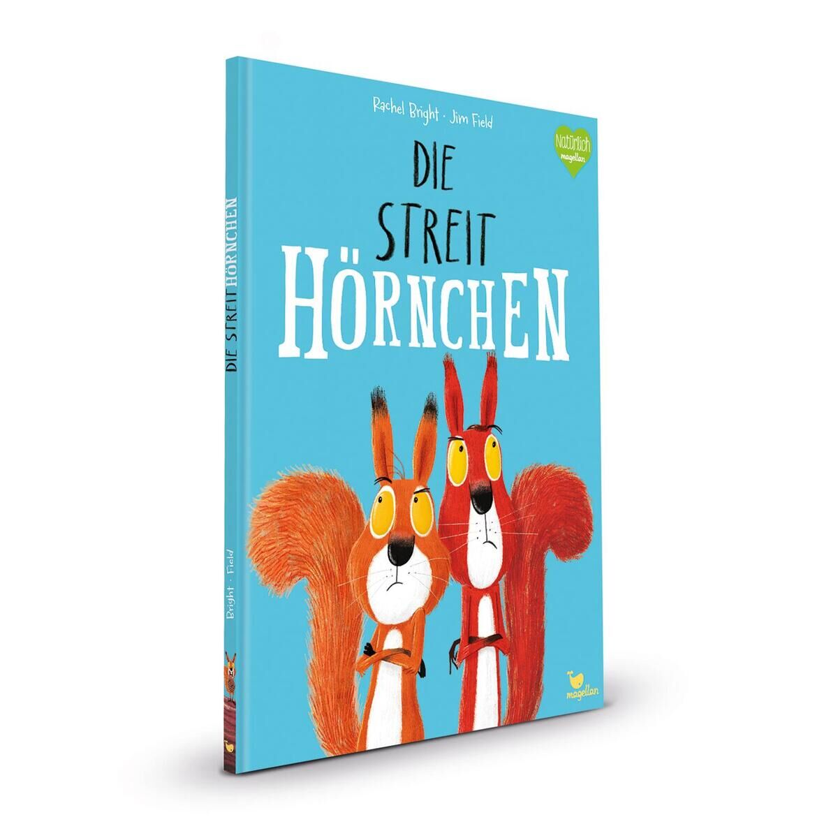 Cover des Kinderbuchs 'Die Streithörnchen', dargestellt sind zwei Eichhörnchen mit verschränkten Armen vor einem blauen Hintergrund.