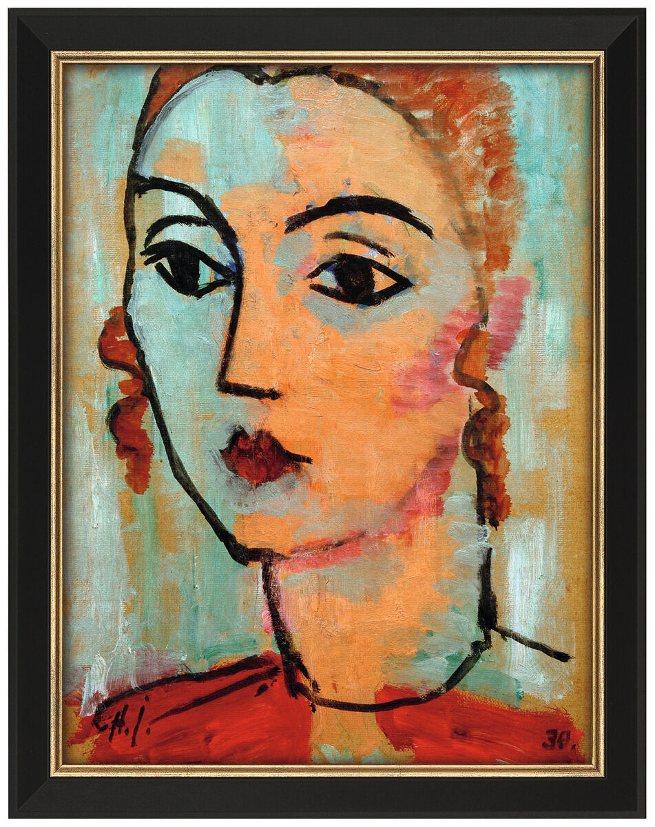 Ein expressionistisches Porträts eines Frauenkopfes von Alexej von Jawlensky, mit überwiegend grünen, roten, schwarzen, weißen und rosa Farben.