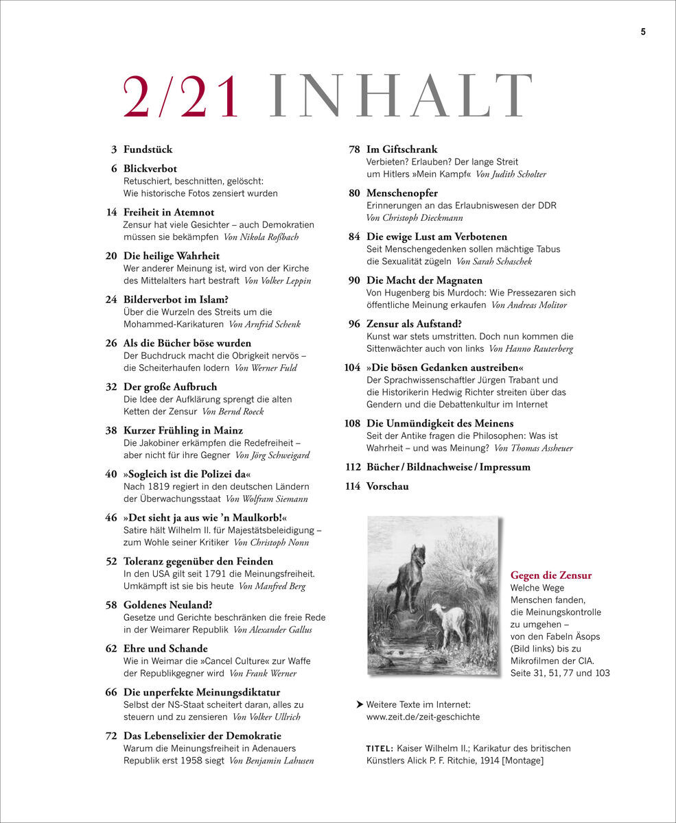Das Bild zeigt das Inhaltsverzeichnis der Ausgabe 2/21 des Magazins 'ZEIT GESCHICHTE' mit dem Titel 'Zensiert! Die Geschichte der Meinungsfreiheit'.
