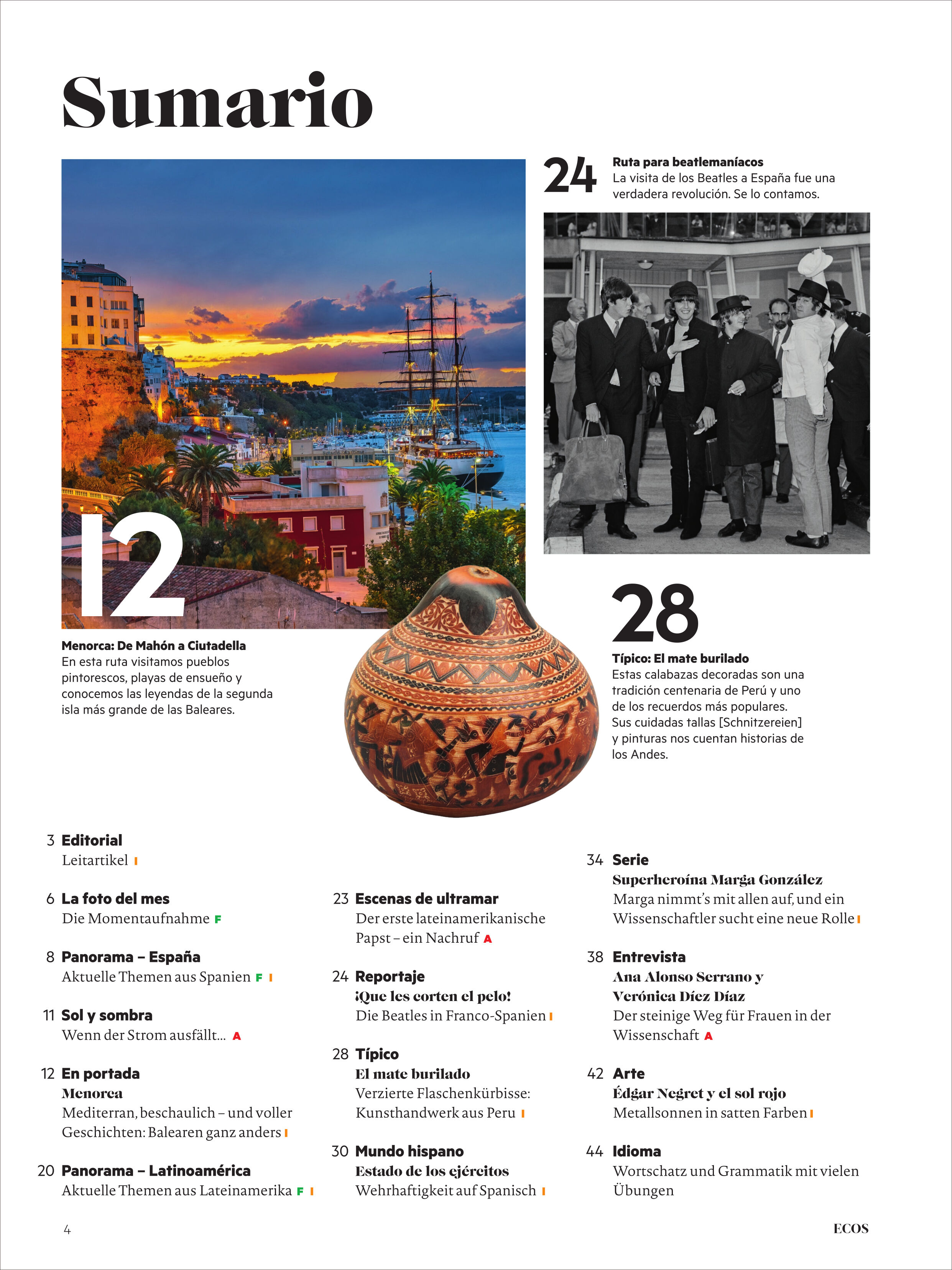 Das Cover des Ecos Magazins Ausgabe 8/2025 zeigt eine farbenfrohe Stadtansicht mit Hafen und Schiffen vor Sonnenuntergang, daneben ein traditionell bemaltes lateinamerikanisches Gefäß und eine schwarz-weiße historische Fotografie. Im Layout befinden sich spanische und deutsche Texte, die auf Inhaltsverzeichnis und Themenschwerpunkte des Magazins hinweisen.