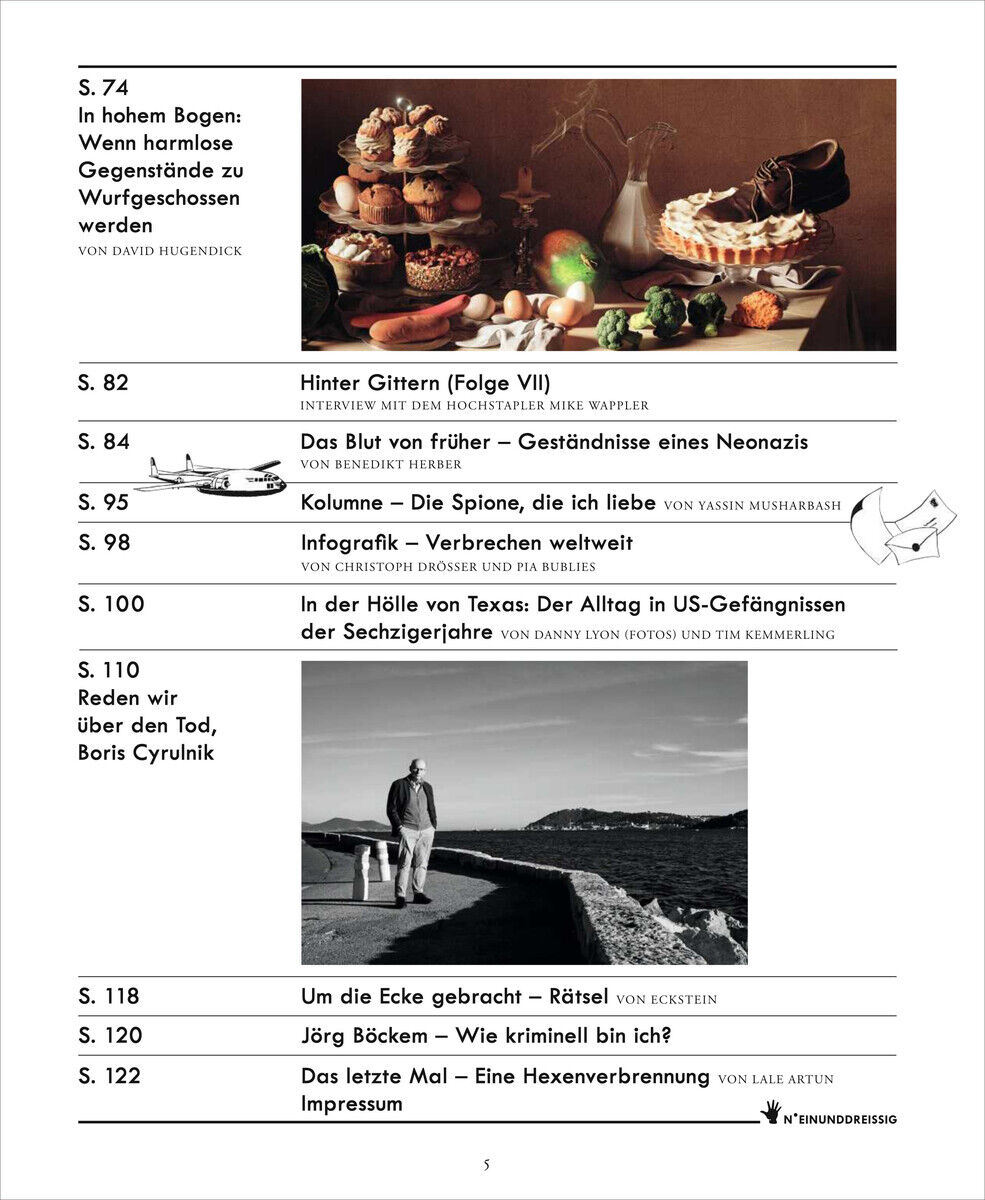 Titelseite des Magazins ZEIT VERBRECHEN 31/25 mit Themen zu Kriminalität, Spionage und gesellschaftlichen Berichten. Abbildungen von Stillleben und Menschen an einer Küste.