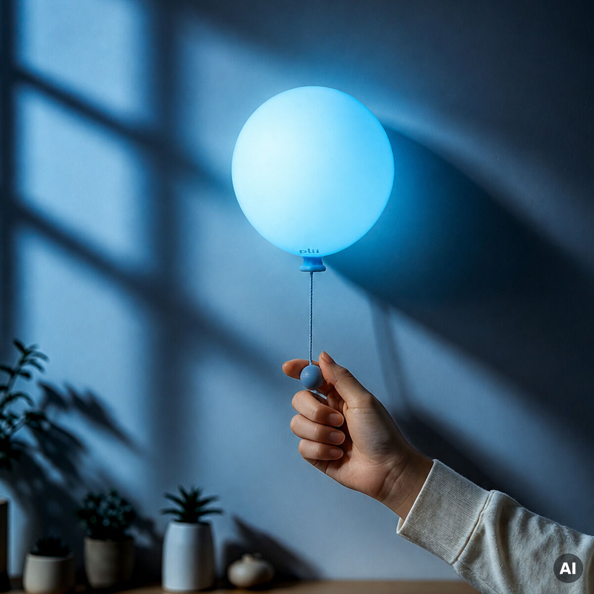 Eine stilvolle Leuchte »Mimo Ballon« der Marke Gingko Design Ltd in der Farbe sky mist, die als leuchtender, blauer Ballon erscheint. Eine Hand hält sie an einer dünnen Stange, im Hintergrund stehen Pflanzen auf einem Holztisch vor einer dunkelblauen Wand.
