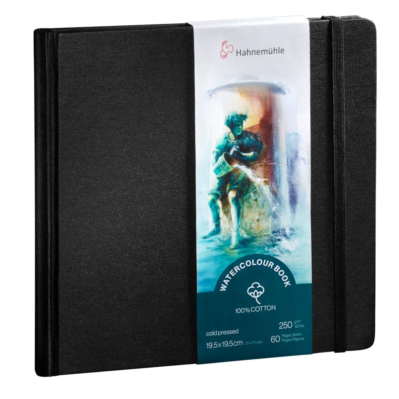 Das Bild zeigt ein schwarzes Aquarellbuch mit Hardcover von Hahnemühle. Die Verpackung um das Notizbuch zeigt eine Illustration eines Brunnens und informiert über 100% Baumwollpapier, 250 g/m², Format 19,5 x 19,5 cm und 60 Seiten. Das Aquarellbuch eignet sich für Künstler und Kreative zum Malen und Skizzieren mit Wasserfarben.