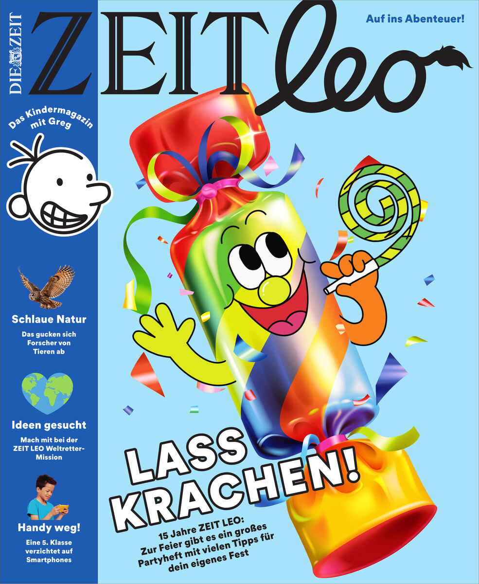 Titelbild des ZEIT LEO Magazins 5/26. Im Zentrum eine bunte Partyknallbonbon-Figur mit Augen und Armen auf hellblauem Hintergrund, umgeben von Konfetti. Linksbündig Figuren und Themen wie Gregs Tagebuch, Tiere, Natur und Smartphonefrei. Überschrift: „Lass krachen!“
