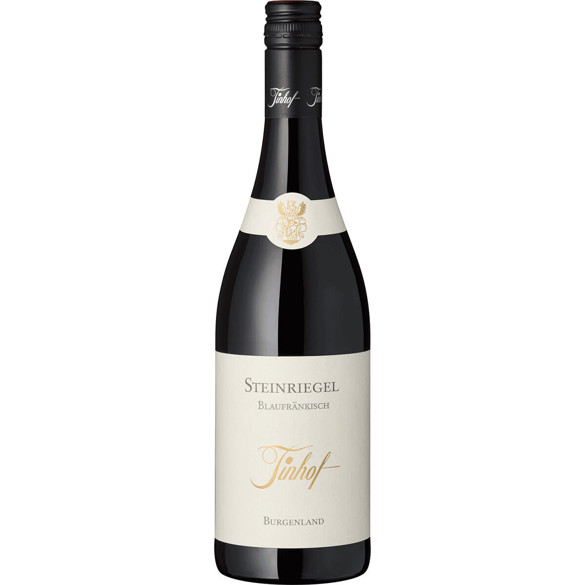 Eine einzelne Flasche hochwertigen österreichischen Rotweins Blaufränkisch vom Weingut Tinhof, Sorte Steinriegel, mit elegantem weißen Etikett und goldener Prägung auf hellem Untergrund, ideal für Weinproben, Geschenke und festliche Anlässe.