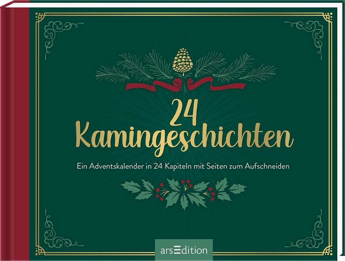 Ein Adventskalender in Buchform mit dem Titel '24 Kamingeschichten'. Das Buch hat eine grüne Abdeckung mit goldenen und roten Akzenten sowie weihnachtlichen Verzierungen.