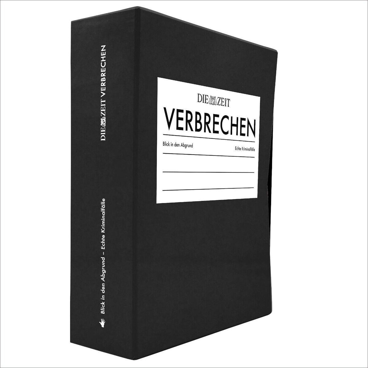 Schwarze Sammelbox mit der Aufschrift 'DIE ZEIT VERBRECHEN' in Weiß auf der Vorderseite. Geeignet zur Aufbewahrung von Zeitschriften und Kriminalgeschichten.