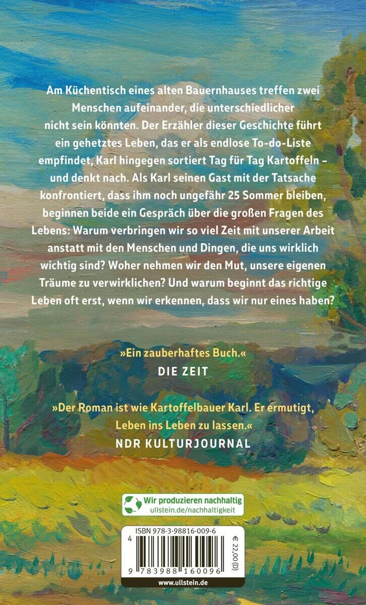 Rückseite des Buches 'Schäfer, S: 25 letzte Sommer' mit einer kurzen Beschreibung der Handlung, einem Zitat von Die Zeit, einem Hinweis auf NDR Kulturjournal, und Informationen zur nachhaltigen Produktion. Hintergrund mit ländlichem Motiv in grünen, blauen und gelben Farbtönen.