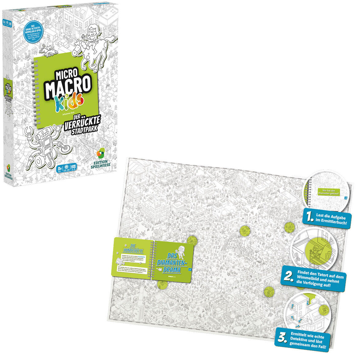 Die Abbildung zeigt das Spiel 'MicroMacro KIDS Der verrückte Stadtpark' mit Schachtel und Spielplan. Die Verpackung ist überwiegend weiß mit schwarz-grünen Zeichnungen und farbigem Logo. Der große Spielplan ist im Stadtpark-Design mit vielen kleinen Figuren, Details und Gebäuden illustriert. Daneben sind Anleitungen und Spielmaterial abgebildet.