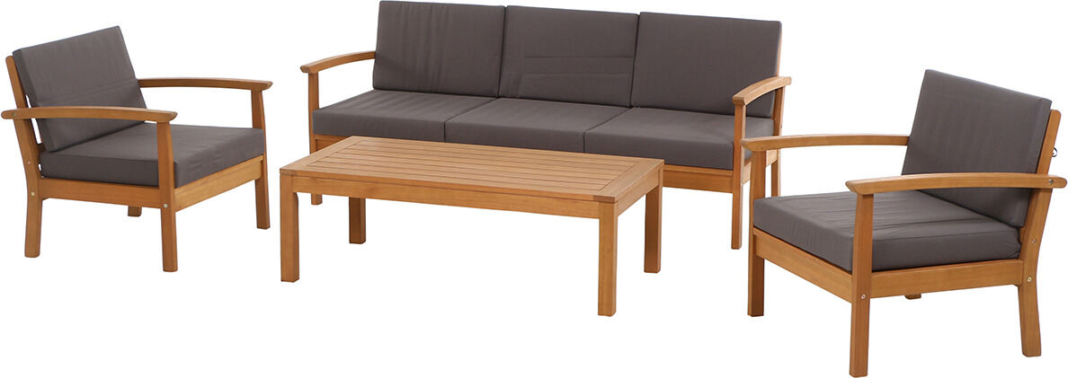 Das Bild zeigt ein 4-teiliges Tavira Lounge Set, bestehend aus zwei Sesseln, einem Dreisitzer-Sofa und einem rechteckigen Couchtisch. Die Möbel haben eine Holzkonstruktion mit grauen Polsterungen.