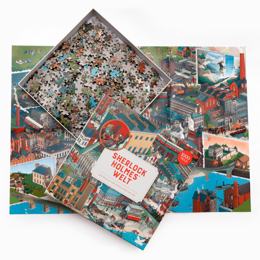 Das Sherlock Holmes Welt Puzzle zeigt eine Puzzlebox und das dazugehörige zusammengesetzte Puzzle, das eine detaillierte Illustration von Gebäuden und Szenen aus der Welt von Sherlock Holmes darstellt. Der Karton zeigt das Titelbild des Puzzles und eine Vielzahl an unsortierten Puzzle-Teilen.