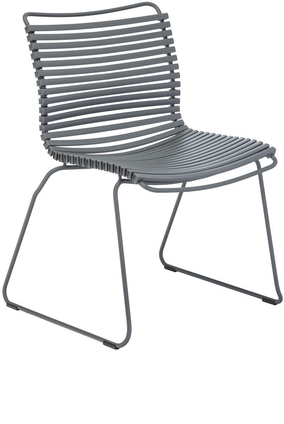 Der »CLICK Dining Chair« ohne Armlehne ist ein grauer, minimalistischer Esszimmerstuhl aus Stahldraht mit einer ergonomischen Sitzfläche.