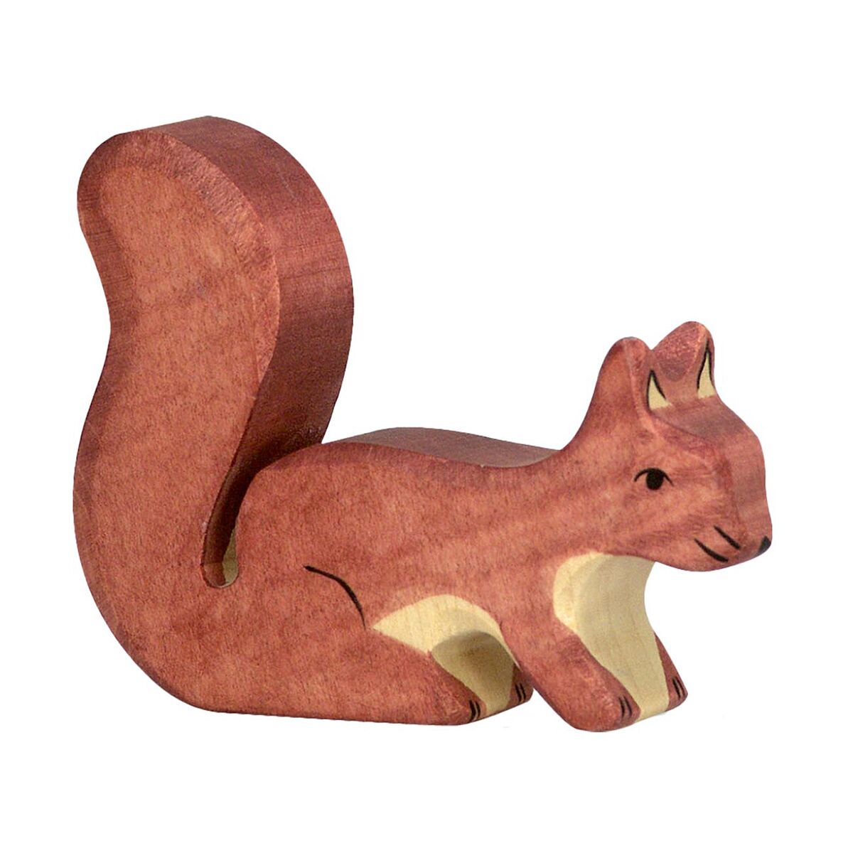 Holzfigur eines Eichhörnchens aus einem Waldtiere-Set, naturbelassen und handbemalt, mit sichtbaren Maserungen und feinen Details, geeignet für Kinder als Spielzeug oder als Dekoration.