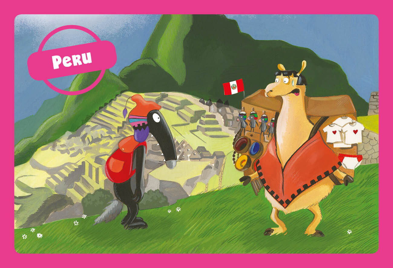 Illustration aus dem Brettspiel »Reise um die Welt mit Wolf«, die eine Szene in Peru zeigt. Im Vordergrund stehen ein Wolf mit roter Mütze und ein Lama mit typischer Kleidung, peruanischer Flagge und Souvenirs vor den Ruinen von Machu Picchu. Der Bildrand ist pink gerahmt, und im Hintergrund ist eine grüne Landschaft mit Bergen und Ruinen zu sehen.