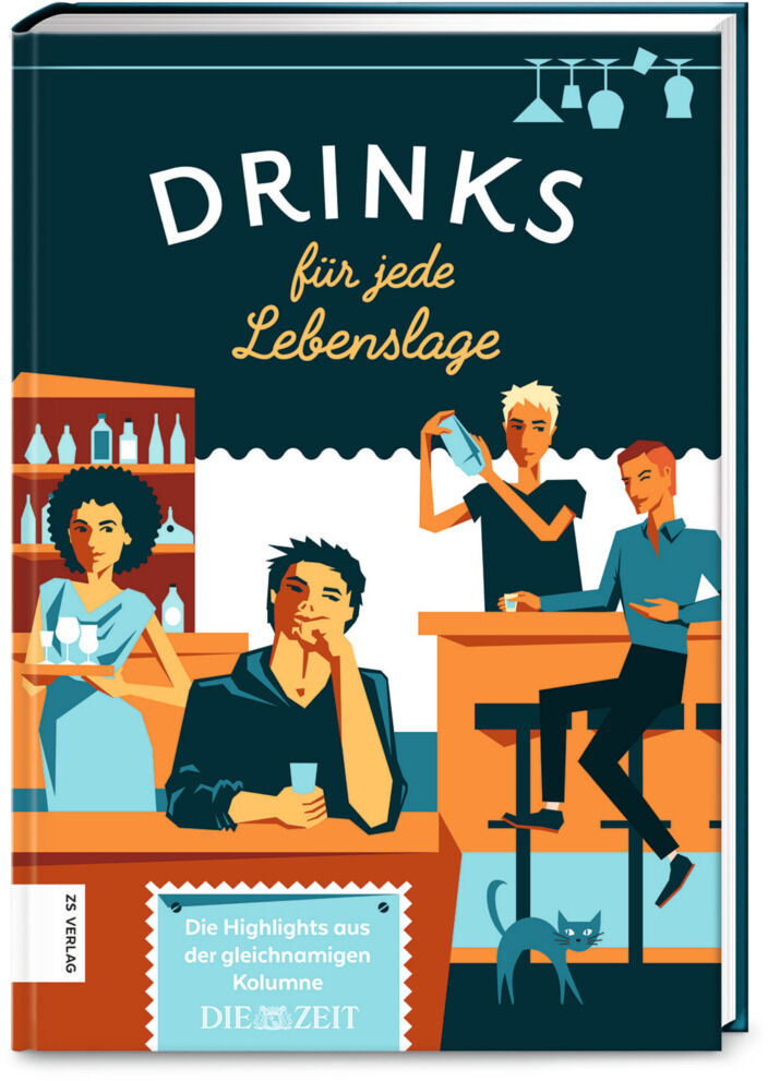Ein Buch mit dem Titel 'Drinks für jede Lebenslage' zeigt auf dem Cover eine illustrative Szene in einer Bar mit Menschen, die miteinander interagieren. Die Farben Blau, Orange, Weiß und Schwarz dominieren das Bild.