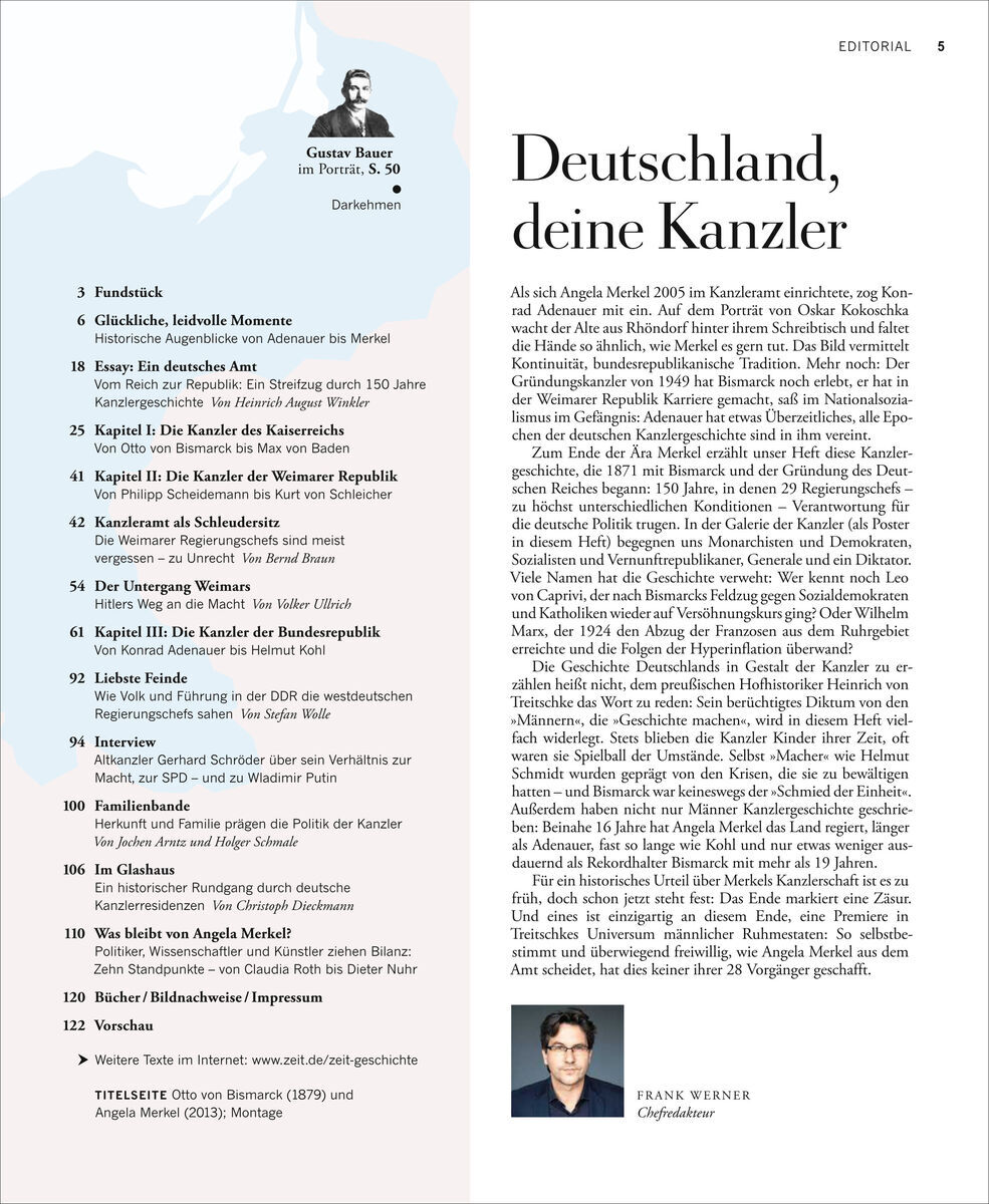 Zeitschrift mit dem Titel ZEIT GESCHICHTE 5/21: Die Kanzler. Der Text beschreibt verschiedene deutsche Bundeskanzler und ihre Amtszeiten. Auf dem Cover ist ein Foto von Gustav Stresemann zu sehen.