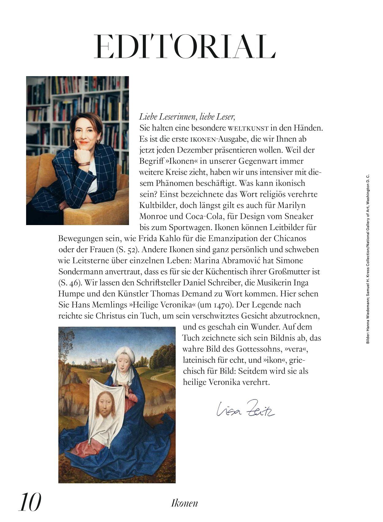 Magazinseite mit dem Titel "Editorial". Links oben ein Porträtfoto einer Frau, rechts daneben Fließtext. Unten zwei Bilder: ein historisches Gemälde mit einer Frau und einem Kind, vermutlich Maria und Jesus, sowie eine handschriftliche Unterschrift. Seitenzahl unten links: 10.