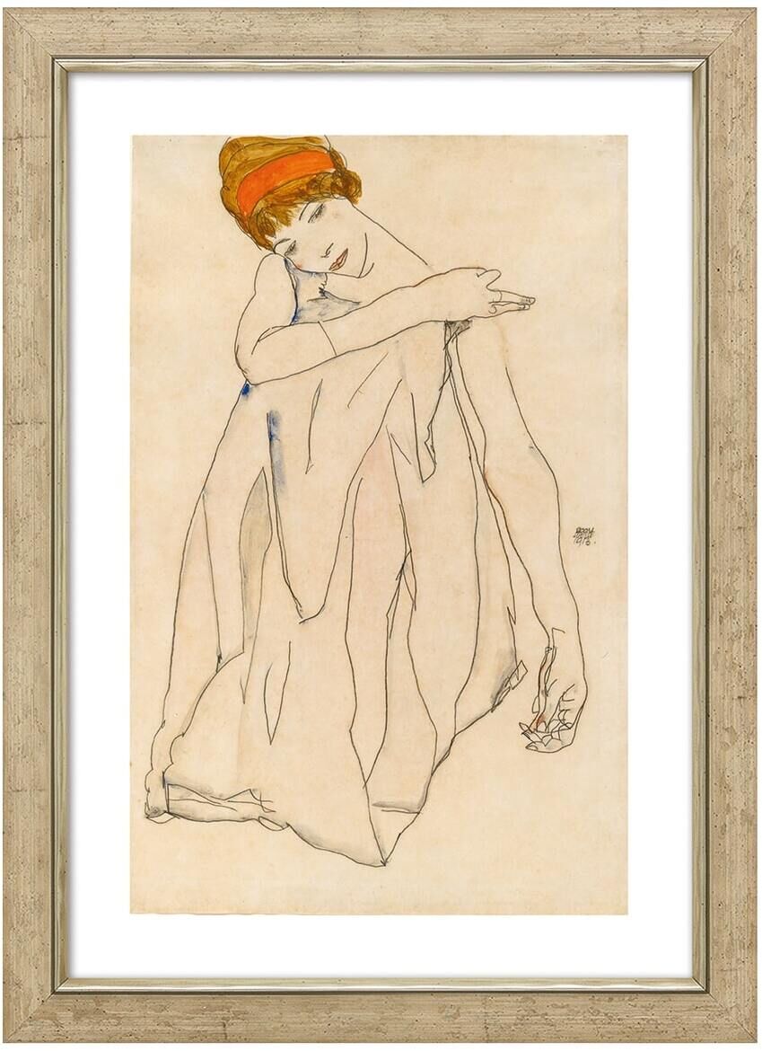 Zeichnung von Egon Schiele aus dem Jahr 1913 mit dem Titel 'Die Tänzerin'. Das Kunstwerk zeigt eine stilisierte Tänzerin in einer weichen, fließenden Pose, umrahmt in einem dekorativen Holzrahmen.