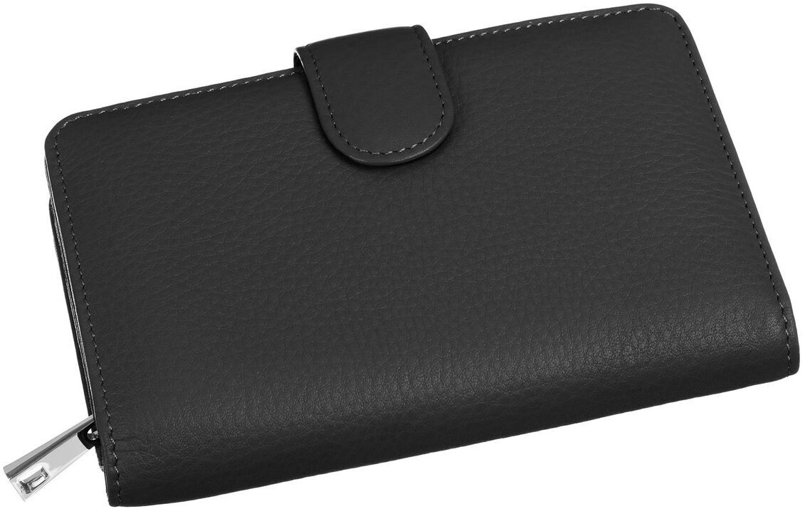 Schwarze Geldbörse mit Druckknopfverschluss und Reißverschluss aus Leder, elegant und klassisch im Design, passend für Damen und Herren.