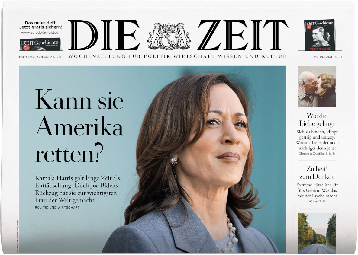 Titelblatt der Wochenzeitung DIE ZEIT 32/2024 mit einer Schlagzeile und einem Bild von Kamala Harris sowie weiteren Artikeln und Fotos auf dem Cover.