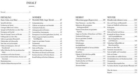 Detailliertes Inhaltsverzeichnis aus dem Kochbuch »Ofengerichte« von Elisabeth Raether, unterteilt in Frühling, Sommer, Herbst und Winter. Jedes Kapitel listet vielfältige saisonale Ofenrezepte, die thematisch um Obst, Gemüse und besondere Gerichte strukturiert sind.