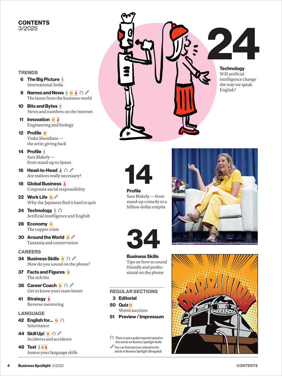 Inhaltsverzeichnis des Business Spotlight Magazins 3/2025 mit einer Liste von Themen wie Trends, Technologie, und Business Skills. Eine Zeichnung von zwei Robotern und ein Foto einer Frau auf einem gemütlichen Stuhl sind enthalten. Die Farben Weiß, Schwarz, Rot, Blau, und Gelb sind prominent.
