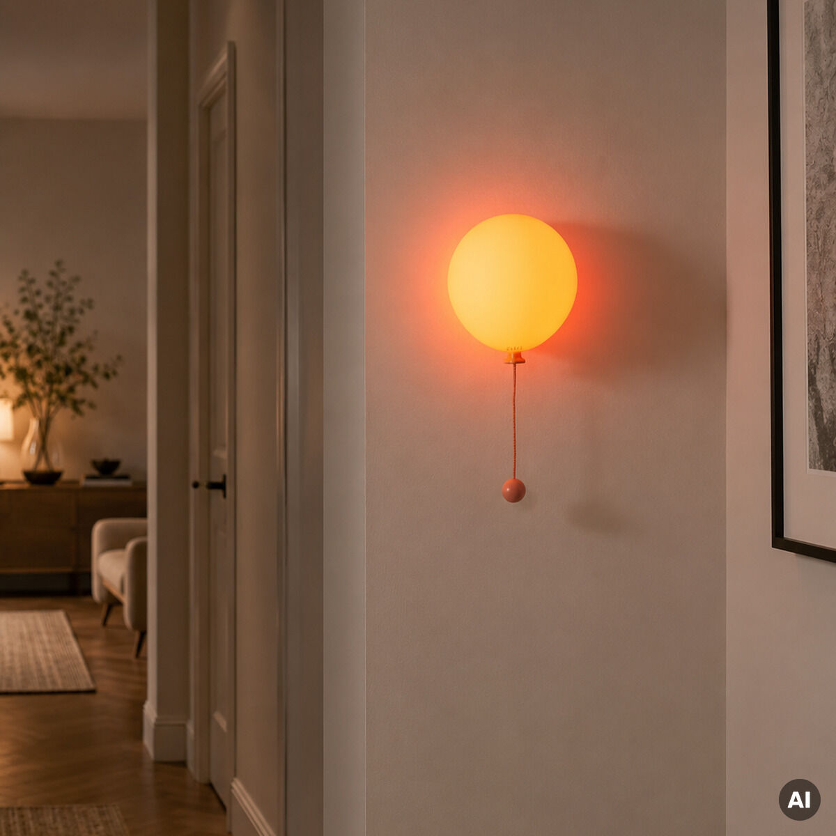Die Leuchte »Mimo Ballon« der Marke Gingko Design Ltd ist an einer hellen Wand montiert. Sie leuchtet in honiggelber Farbe und erinnert an einen Ballon mit Kordel. Der Raum ist modern eingerichtet, mit warmem Licht und natürlichen Materialien.