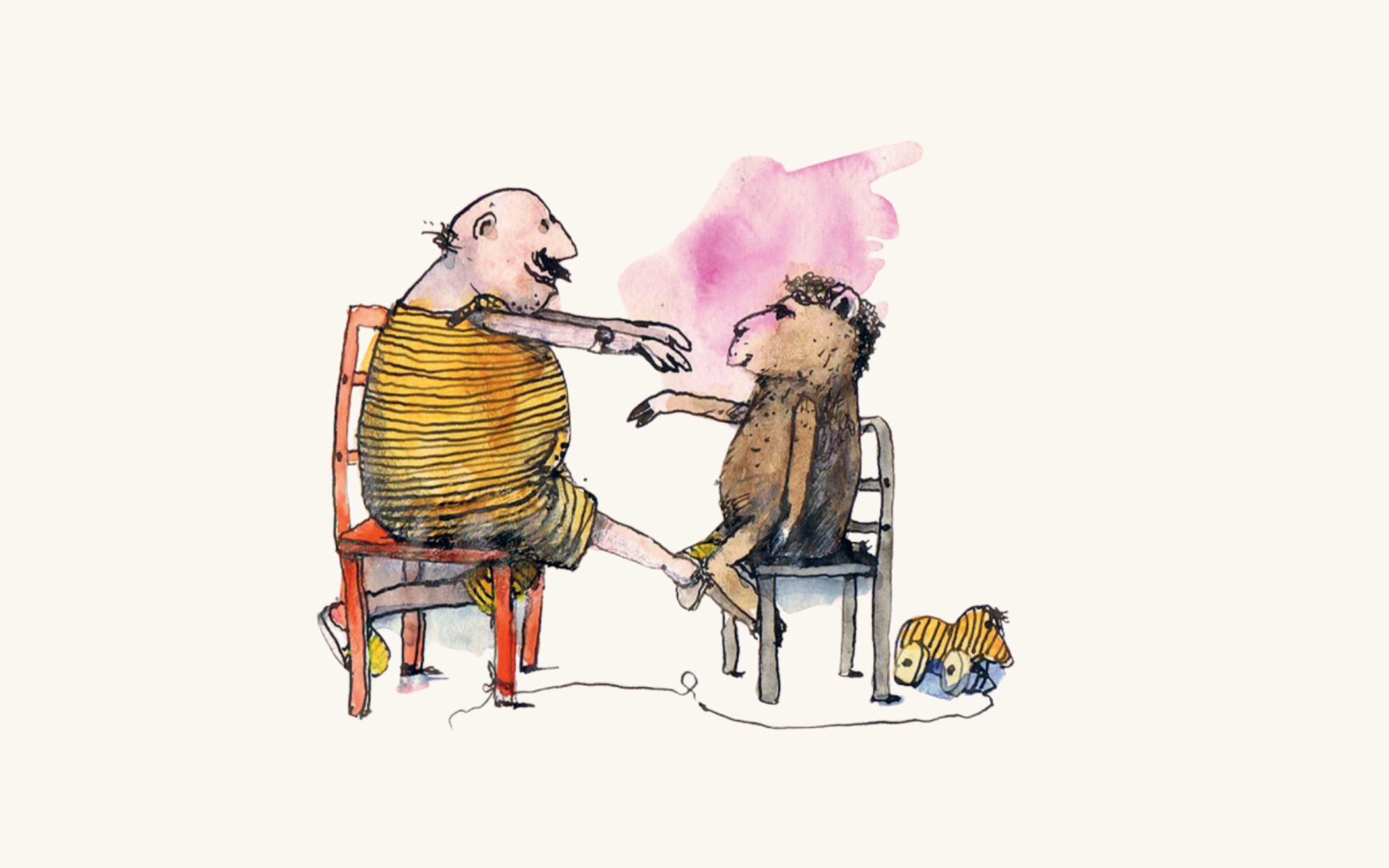 alt="Illustration vom Künstler Janosch mit Bär und der Kultfigur Wondrak, die sich gegenüber sitzen"