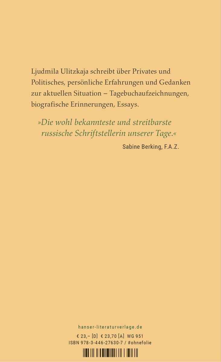 Ein gelbes Buchcover mit dem Titel 'Erinnerung nicht vergessen' von Ljudmila Ulitzkaja. Der Text enthält eine Empfehlung von Sabine Berking von der F.A.Z. Das Buchcover ist schlicht und enthält Informationen über den Inhalt des Buches.