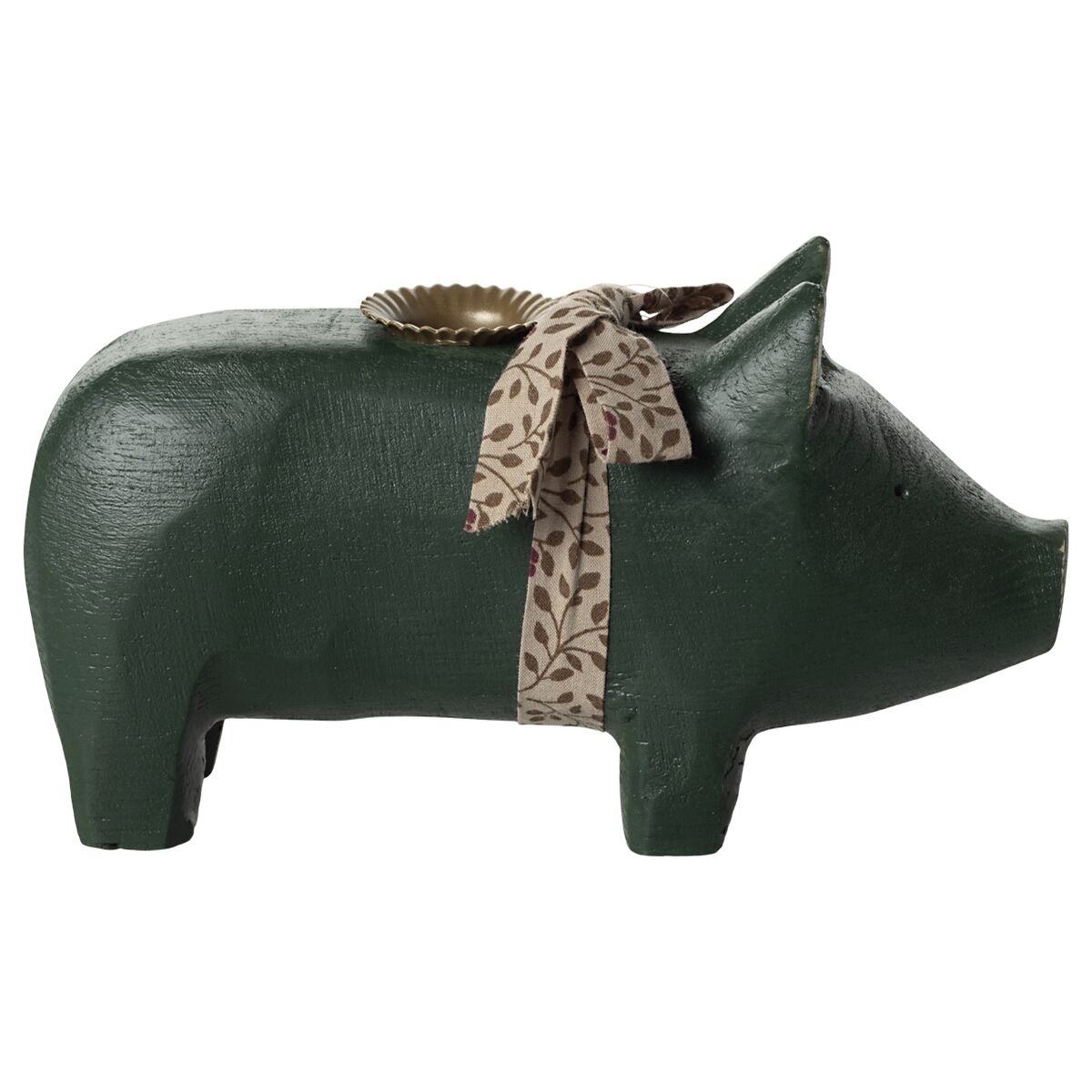 Mittlerer Kerzenhalter in Form eines grünen Schweins aus Holz, mit einer gemusterten Stoffschleife um den Hals und einem runden Kerzenteller auf dem Rücken, auf hellem Hintergrund.