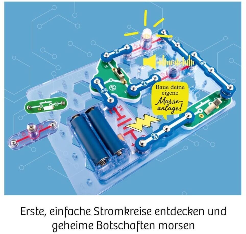 Ein Elektronik-Bausatz namens 'Easy Elektro - Light' mit verschiedenen Bauteilen wie Batterien, LEDs, und Schaltkreisen auf einer transparenten Basis. Kinder können damit einfache Stromkreise entdecken und geheime Botschaften morsen. Farben sind hauptsächlich Blau, Grün, Rot und Gelb.