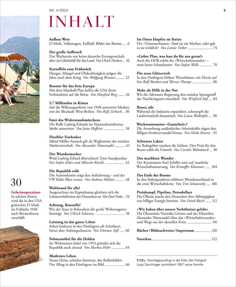 Titelblatt der Zeitschrift 'Zeit Geschichte 4/23 Wunderjahre' mit Inhaltsverzeichnis. Themen umfassen 'Das Glück nach dem Boom' und Bilder der Nachkriegszeit in Deutschland. Enthält Bilder und Artikel zu historischen Ereignissen und kulturellen Highlights.